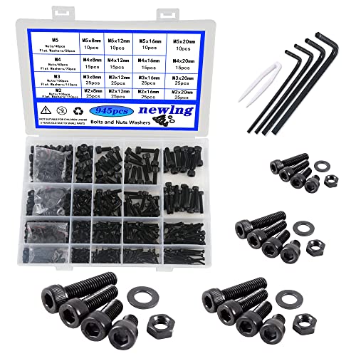 Newlng M2 M3 M4 M5 Boulon Tête Noir Jeu de Vis et Écrous Avec Rondelles Noir 940 Pièces Acier au Carbone Kit