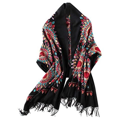 Urban CoCo Women's Embroidered Oversize Tassel Shawl Scarf Wraps for Women (Black) Cover