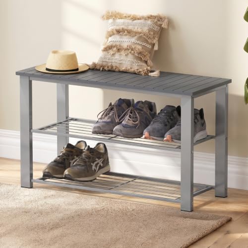 Image of Simple Houseware Wood Top Shoe Storage Bench for Entryway, Grey