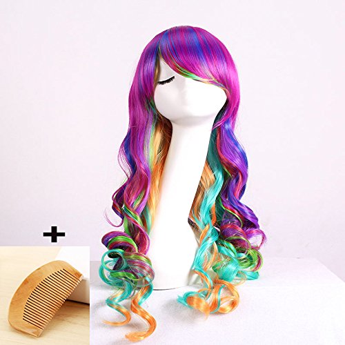 27" Long Rainbow Big Wavy Ombre Spring Bouquet Cosplay Party Wig Harajuku Style Lolita Spiral Colorful Heat Resistant Fiber Synthetic Wig with Wig Comb By BEAUTY STAR