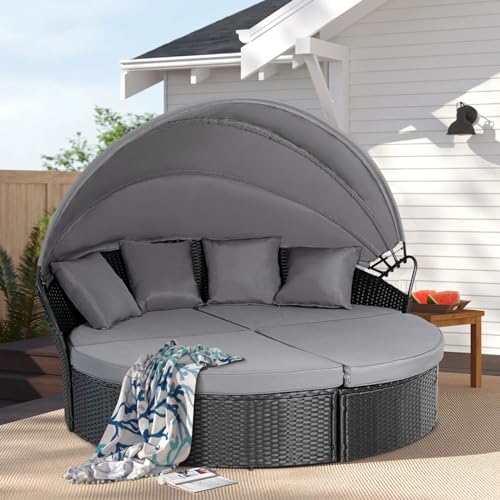 image for Crownland Outdoor Patio Canopy Bed Round Daybed with Washable Cushions