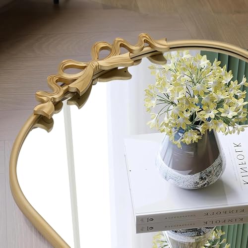 Image of Besdomus Bow Arched Gold Mirror: 22 inchx30 inch Gold Antique Vanity Wall Mounted Mirror - Vintage Baroque Traditional Ornate for Bedroom /Bathroom /Makeup Vanity - Wall Decor for Teen Girl