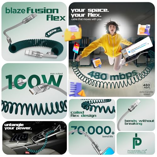 Image of Dubstep Fusion Flex 100W 1.8m Coiled Type-C Cable | PowerBlitz Technology | 480 Mbps | 70K Bend Life | Tangle-Free Nylon Braided Fast Charging for Laptop, Tablet & Mobile (Green & Grey)