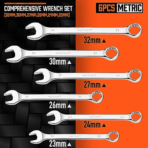 Image of HORUSDY Large Wrench Set with Rolling Pouch | Metric | 6-Piece | 23mm, 24mm, 26mm, 27mm, 30mm, 32mm | 12 Point | Chrome Vanadium Steel