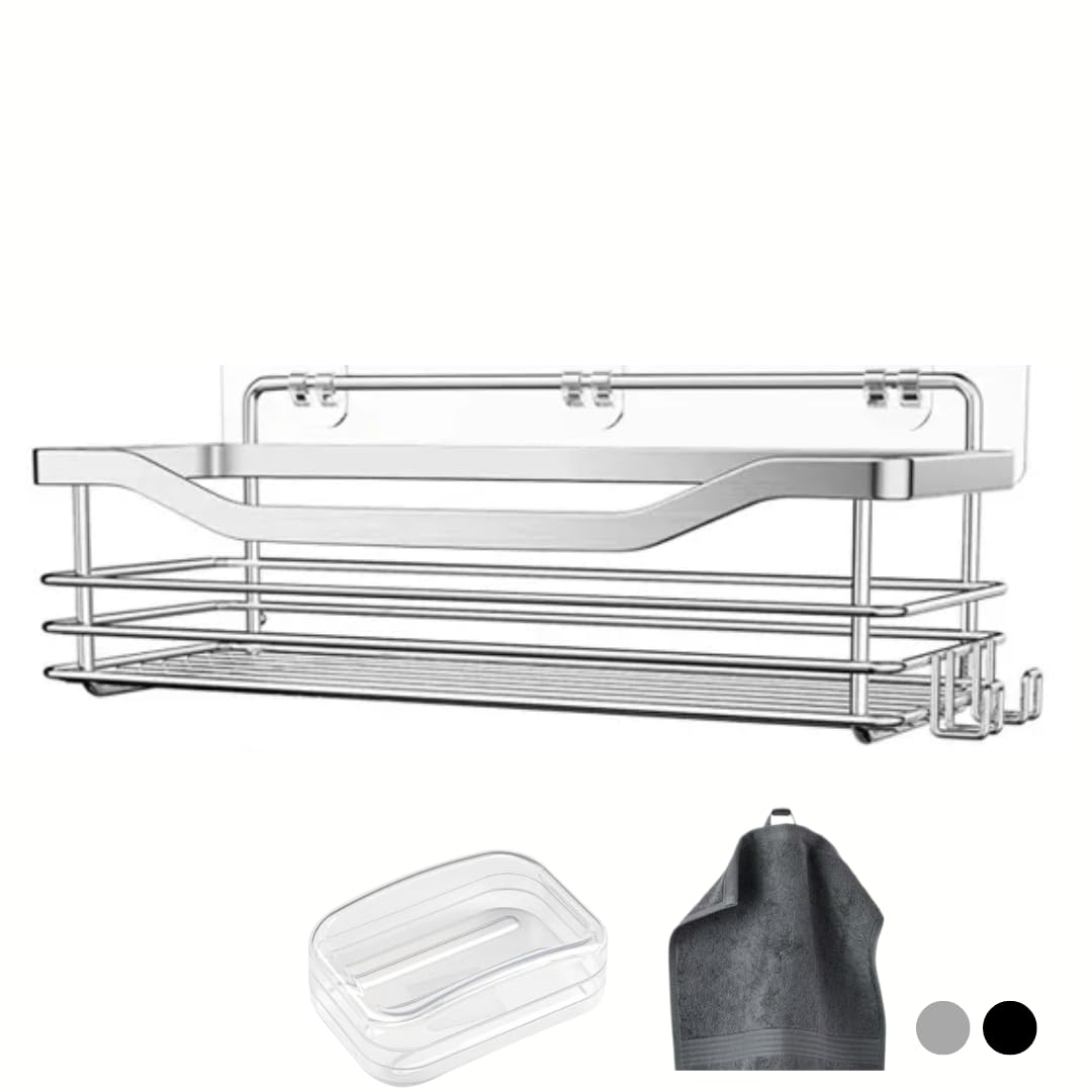 Estanteria baño sin Taladro - Organizador baño Acero Inoxidable - Estanteria Ducha sin Taladro - Resistente al Oxido - Cesta Ducha - Incluye jabonera con Tapa y Toalla Gris pequeña.