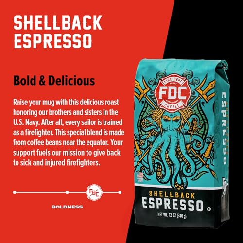 Image of Fire Department Coffee Shellback Espresso Medium Roast Whole Bean Coffee - 12 oz (12 Pack) - Gives Back to Firefighters - Roasted in the USA - Veteran Owned