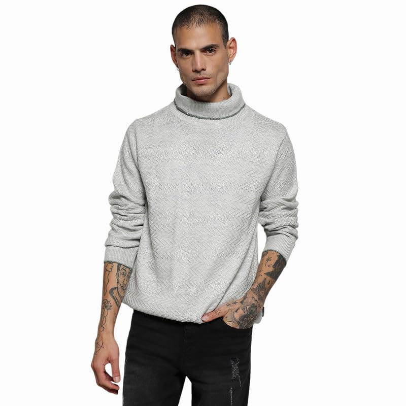 Campus SutraMen's Light Grey Herringbone Textured Pullover Sweater for Casual Wear | Turtle Neck | Long Sleeve | Pull On Closure | Cotton Sweater Crafted with Comfort Fit for Everyday Wear