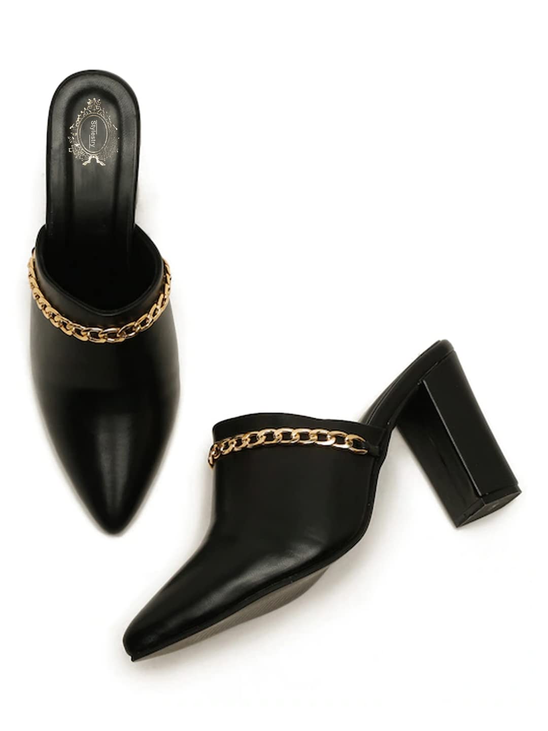 stylestry Pointed Toe with Stylish Golden Chain Black Pumps Women & Girls-picture-2