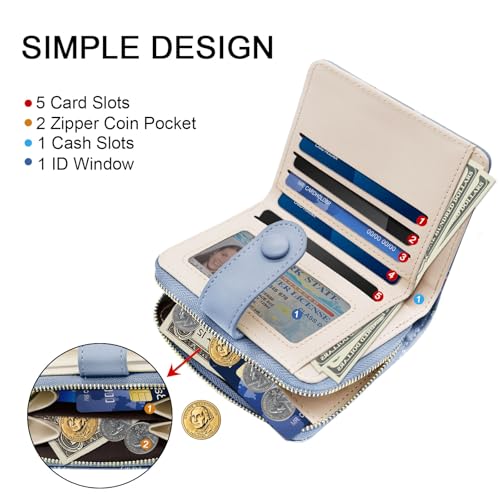 LJCZKA Cute Wallet for Women Small Flower Wallet Card Holder Girls Zipper Leather Wallet Minimalist Kawaii Short Purse (Blue)4