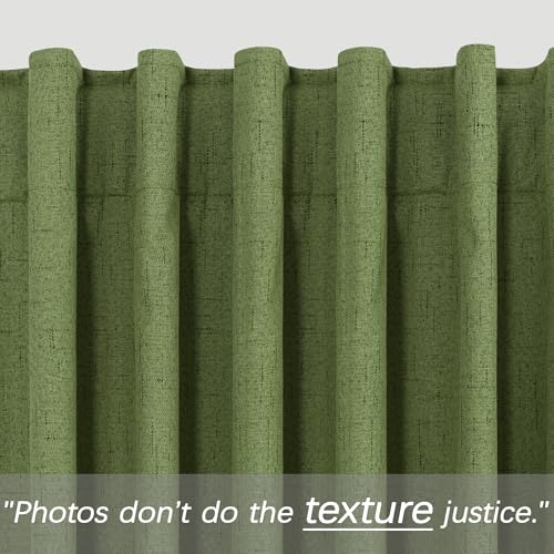 Image of KOUFALL 108 Inch Long Olive Green Linen Boho Back Tab Blackout Curtains for Bedroom Living Room 2 Panels Set