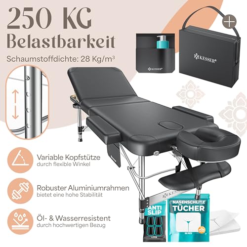 KESSER® Massageliege 3 Zonen bis 250kg, Massagetisch klappbar, verstellbar, tragbarer Koffer, Kosmetikliege, Therapieliege, Zubehör, Alu-Kopfstütze, Armlehne, Tragetasche, Anti Rutsch, 60cm, Anthrazit 2