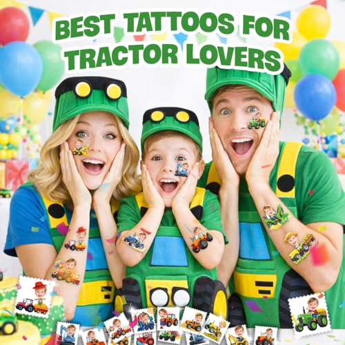 Image of Custom Tractor Temporary Tattoos for Kids, Set of 20 | Personalized Pre-Cut Face Photo, Birthday Party Favors, For Boys Girls, Tractor Lovers