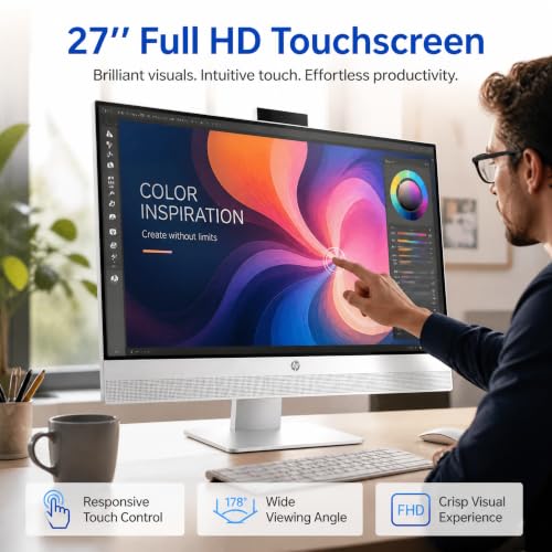 Image of HP OmniStudio 27 Inch All-in-One Desktop PC, Intel Core Ultra 7 355 Processor, 64 GB DDR5 RAM, 1 TB SSD, 27 inch Full HD Touchscreen Display, Adjustable Height, 49 TOPS AI PC, Windows 11 Pro, Cotton White