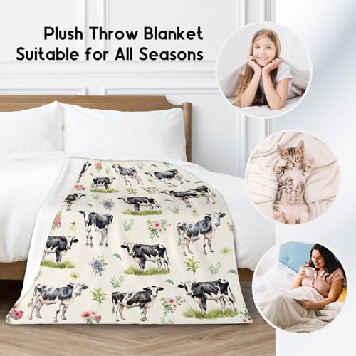 Cow Blanket for Women, Cozy Soft Throw Gifts, Cute Yellow Flannel Throw Blankets for Couch Office, 60x80 Inches