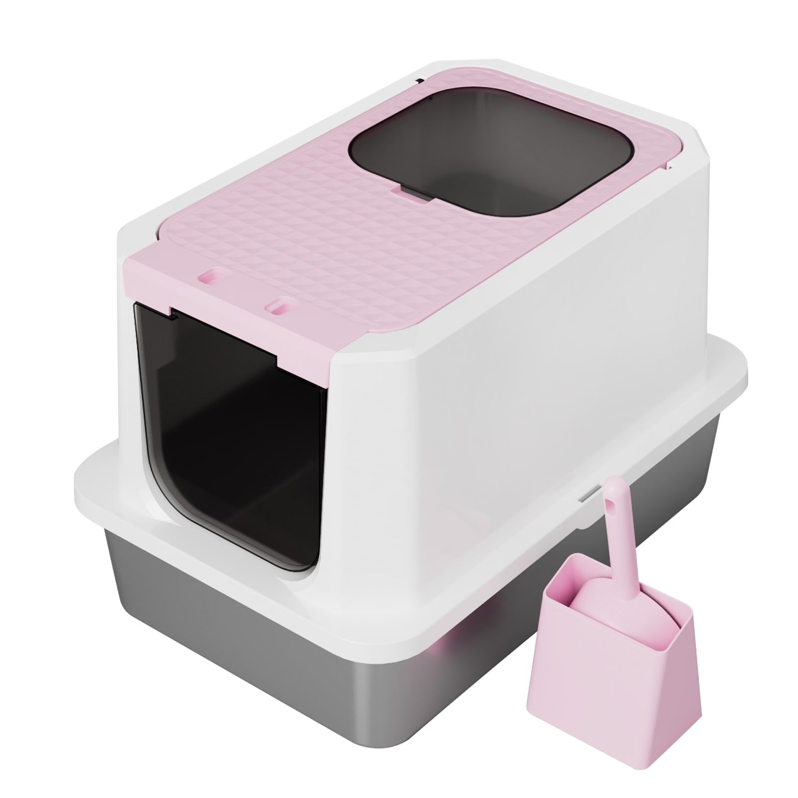 RIZZARI Enclosed Cat Litter Box: Extra Large Pink Litter Pan with Top Exit & Anti-Leak Design - Teflon Non-Stick Coating Stainless Steel Cleaning - Odor-Control in Garage Utility Room