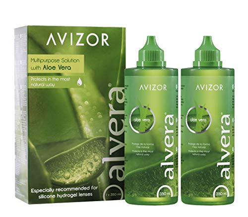 Kontaktlinsenflüssigkeit AVIZOR Alvera 2 × 350 ml im Etui. Lösung zur Reinigung und Desinfektion aller Arten von weichen Kontaktlinsen.