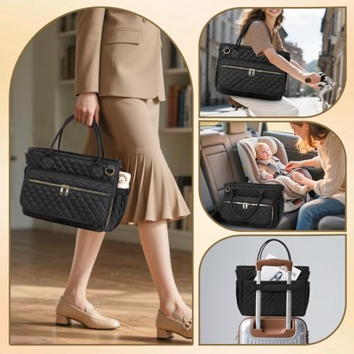 Teacher Tote Bag 15.6 Inch, Large Work Tote Bag With Laptop Compartments, Quilted Women Messenger Bag With Shoulder Strap for Office/Travel/School/Nursing Supplies Organizer,Black3
