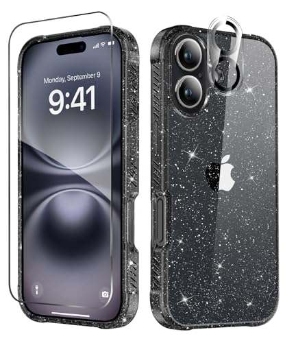 MIODIK for iPhone 16 Plus Case Clear Glitter Design, Sparkle Black