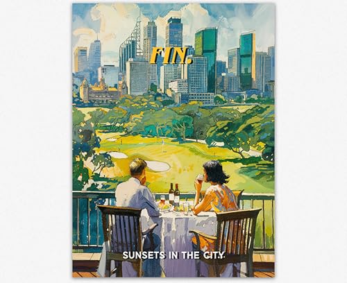 Affiche d'art de dîner au coucher du soleil urbain pour une déco de bureau chaleureuse