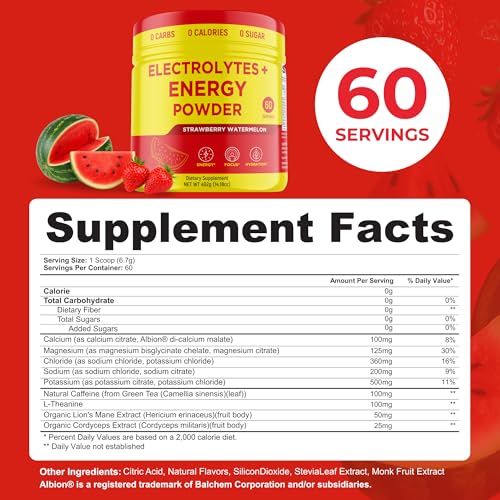 Image of Keto Vitals Energy Powder + Electrolytes with 100mg Natural Caffeine, L Theanine & Organic Lion's Mane Extract - 60 Servings Energy Drink Powder for Workouts - Sugar Free Electrolytes