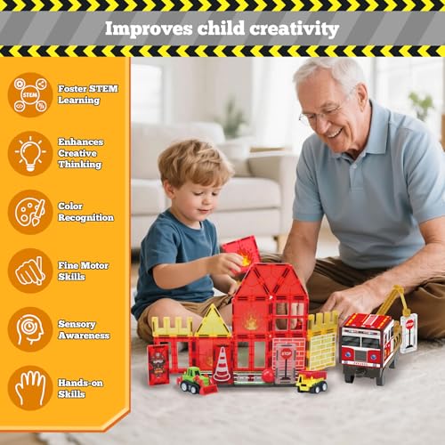 Magnetic Tiles Fire Truck Set DROPS TO (Style: 56PCS Fire Station Magnetic Tiles) - image 5