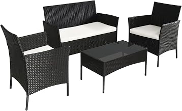 Garden Table Set (4-Piece Set) Outdoor Table Set with Cushion, PE Rattan, Tempered Glass Top, Strong and Durable, Garden Sofa, Stylish, Easy to Assemble, Perfect for Poolside, Garden, Veranda