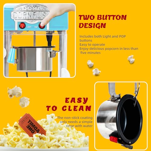 Máquina de pipoqueira profissional vintage de 118 ml com luz antiaderente para aquecer chaleira e co