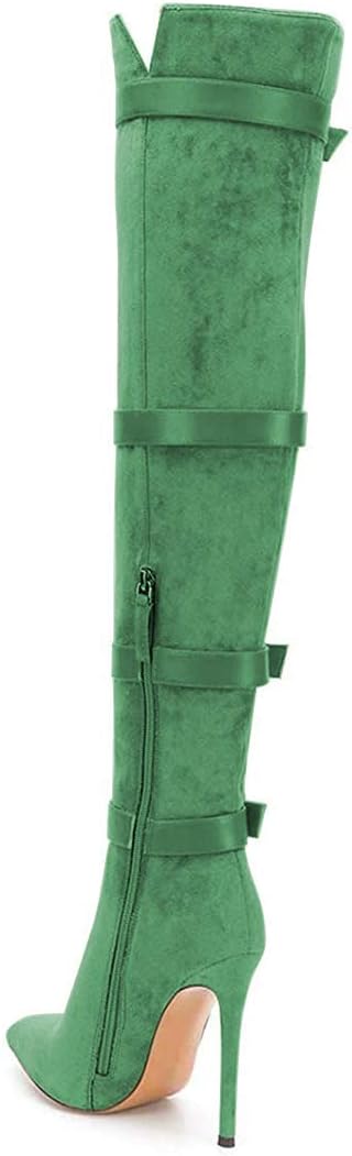 XYD Women Stiletto Heel Over The Knee Boots with Zip Pointed Toe Buckled Strappy Thigh High Sexy Night Club Shoes