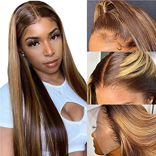 Ombre Lace Front Wig Human Hair 4/27 Human Hair Lace Front Colored 13x4x1 T Part Highlight Human Wigs Lace Front 180% Density Brazilian Virgin Human Hair Wig with Baby Hair (18 inch with Five Gifts)