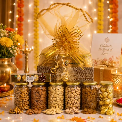 Image of NUTRI MIRACLE Dry Fruits & Chocolate Gift Hamper | Festive Gift Basket for Raksha Bandhan | Diwali | Brother Sister Corporate Office Employees