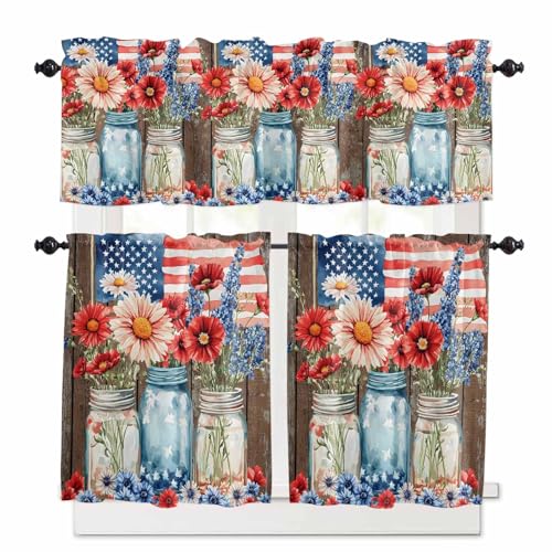 Independence Day Kitchen Curtains 24 Inch Length,3 Piece Rod Pocket Small Half Tiers and Valance Set,Red Blue Patriotic Floral Brown Wood Small Large Window Treatment Decor for Bedroom/Bathroom Sink
