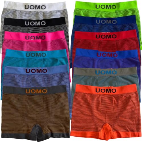 KROWN Pack de 12 Calzoncillos Boxer UOMO Talla M - L - XL Sin Costuras Ropa Interior Slip Hombre Sexy Calzones Bombacho Pantalones Cortos Calzón. Surtido de Colores a Rayas, Poliéster (L)