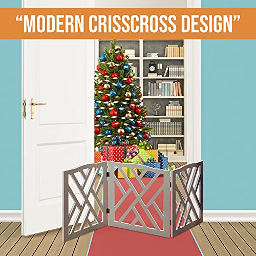 Bundaloo Freestanding Dog Gate Expandable Decorative Wooden Fence for Small to Medium Pet Dogs, Barrier for Stairs, Doorways, & Hallways (Crisscross - Grey) - Thumbnail 7