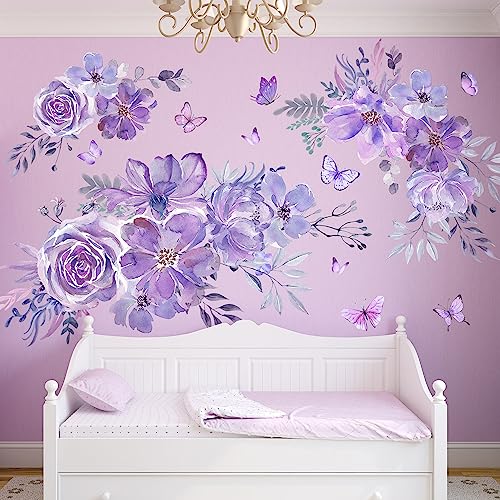 Image of Amaonm 8 sheets of 12x24 inch Large 3D Colorful Flower Wall Decal Purple Red Flowers Plants Vine Wall Stickers Murals DIY Peel and Stick Rose Peony Floral Home Wall art Decor Wallpaper for Kids Girls