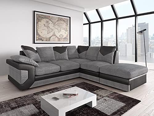 AMF'S NEW LARGE DINO CORNER SOFA JUMBO CORD GREY BLACK OR RIGHT(Grey Black right). Fire resistant as per British Standards, foam filled seats for comfort. (RIGHT ARM SIDE) (RW342)