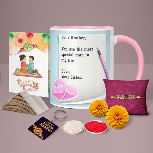 Image of NH10 DEISGNS Raksha Bandhan Gifts Pack for Brother, Combo Gift Pack of Designer Rakhi, Printed Coffee Mug, Happy Raksha Bandhan Greeting Card, Roli Chawal Combo Set (Pack of 5)(RMCKRCG708)