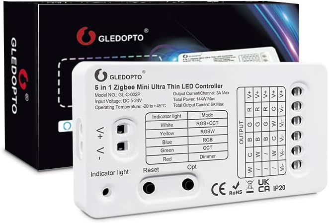 ‎GLEDOPTO Zigbee 3.0 Mini 5 in 1 RGBCCT LED Strip Controller 5V 12V 24V 6A Work with Amazon Echo Plus App/Voice Control (Ultra-Thin Zigbee Controller)