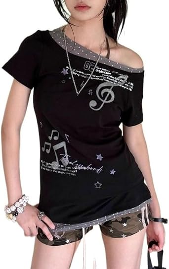 Y2k Aesthetics Grunge T Shirts Fake Two Piece Short Sleeve Graphic Tees 2000s Harajuku Punk Gothic Crop Tops Teens