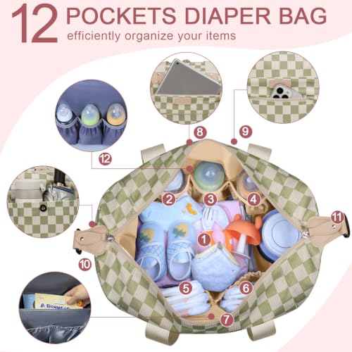 Image of Pritent Diaper Bag Tote - Diaper Baby Bags with Pacifier Case, Shoulder Straps, Stroller Clips, Waterproof Large Mommy Maternity Travel Baby Bag for Mom and Dad, Checkered green, Medium