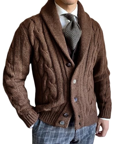 ebossy Men's Shawl Collar Twisted Texture Chunky Cable Knit Cardigan Button Up Casual Loose Ribbed Business Sweater