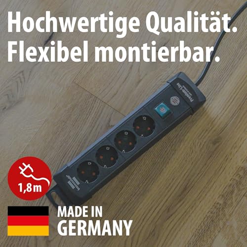 Brennenstuhl Premium-Line Steckdosenleiste 4-Fach (Mehrfachsteckdose mit Schalter und 1,8m Kabel -45° Winkel der Schutzkontakt-Steckdosen, Made in Germany) schwarz