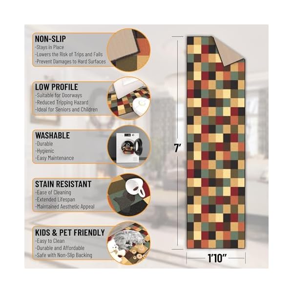 Ottomanson ottohome collection non slip rubberback checkered design 2×7 indoor runner rug 110 x 7 multicolor  urban country home decor