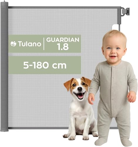 TULANO Guardian 1.8 | wysuwana kratka ochronna dla dzieci i zwierząt domowych, szerokość 5-180 cm, wysokość 86 cm, bezgłośna, otwieranie jedną ręką, podwójna blokada, montaż ścienny, kolor szary