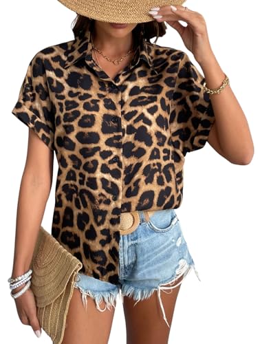 Verdusa Women's Leopard Print Tops Button Down Shirt Short Sleeve Blouses Shirts Dressy Fashion Tops