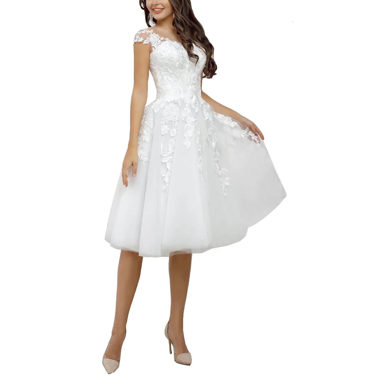 SZSFNMMY Tulle Short Wedding Dresses for Bride Lace Applique Sleeveless Knee Length Bride Gown for Women Ivory 18