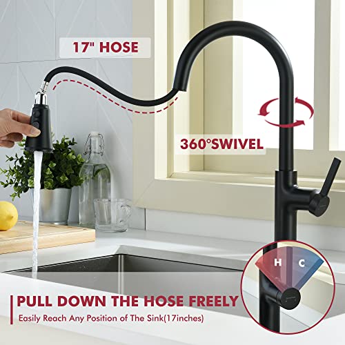 Lavatrum Kitchen Faucet With Pull Down Sprayer Matte Black, 17 Inches Extended Body Single Handle High Arc Kitchen Sink Faucet With 3-Function Sprayer, Faucet For Kitchen Sink, Grifos De Cocina #TOP4