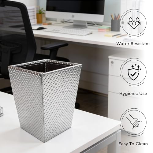 Image of Encasa XO Leather Dustbin for Home | 3 L (15x19 cm)(Small) Waste Bin for Bedroom, Washrooms, Kitchens Office, Hotel | Noise free, Floor Safe Trash Can | Textured Leather Garbage Bin - Silver