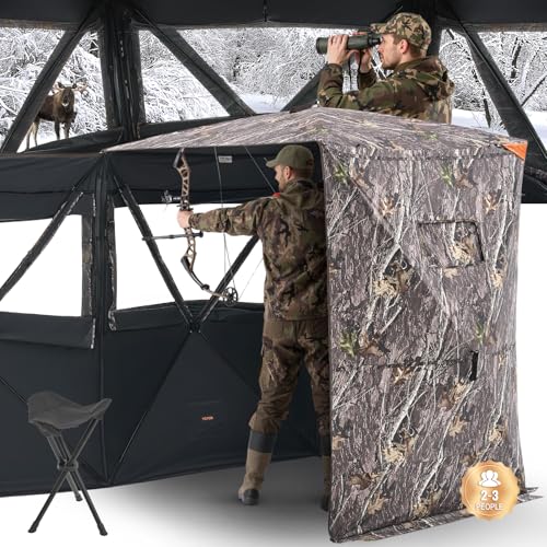 VEVOR Affût de Chasse Thermique pour 2-3 Personnes, Tente de Camouflage Portable avec Sac de Transport et Chaise, Cache de Chasse avec Porte Silencieuse à Fermeture Éclair et Fenêtre, Chasseur