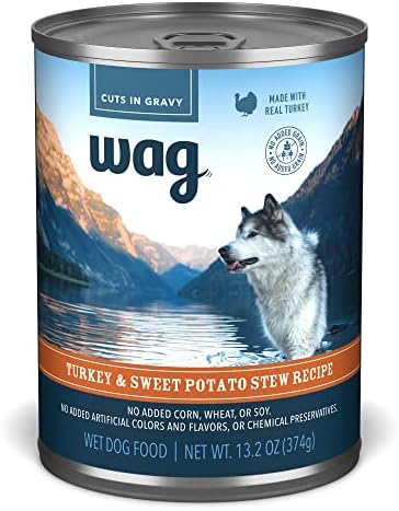 Amazon Brand – Wag Stew Canned Dog Food, Turkey & Sweet Potato Recipe, 13.2 oz Can (Pack of 12)