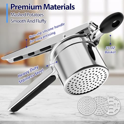 Potato Ricer, Ricer for Mashed Potatoes, 3 Interchangeable Discs Potato Masher Stainless Steel for Fluffy Mashed Potatoes, Heavy Duty Spaetzle Maker with Silicone Handle, for Gnocchi Spaghetti by SPEENSUN - Image 4